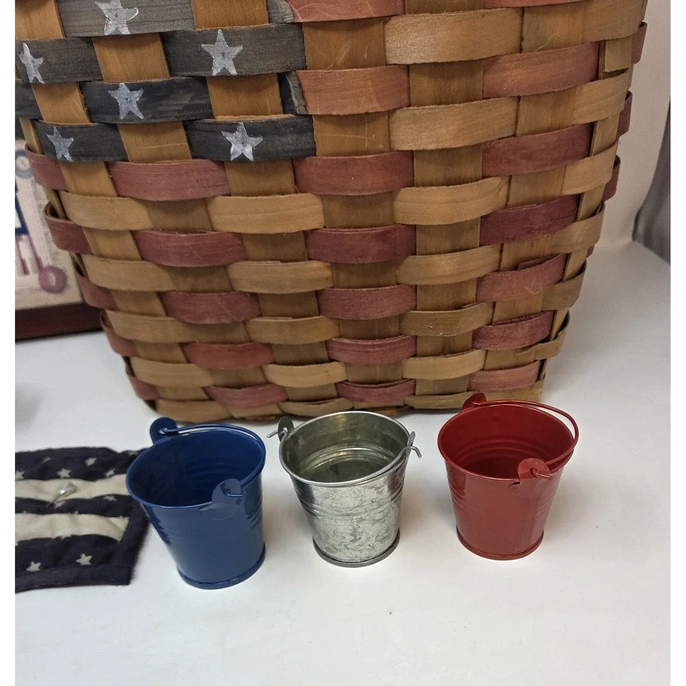 Primitive Americana Patriotic Decor Lot 7pc Basket Sign Birdhouse Star Pails